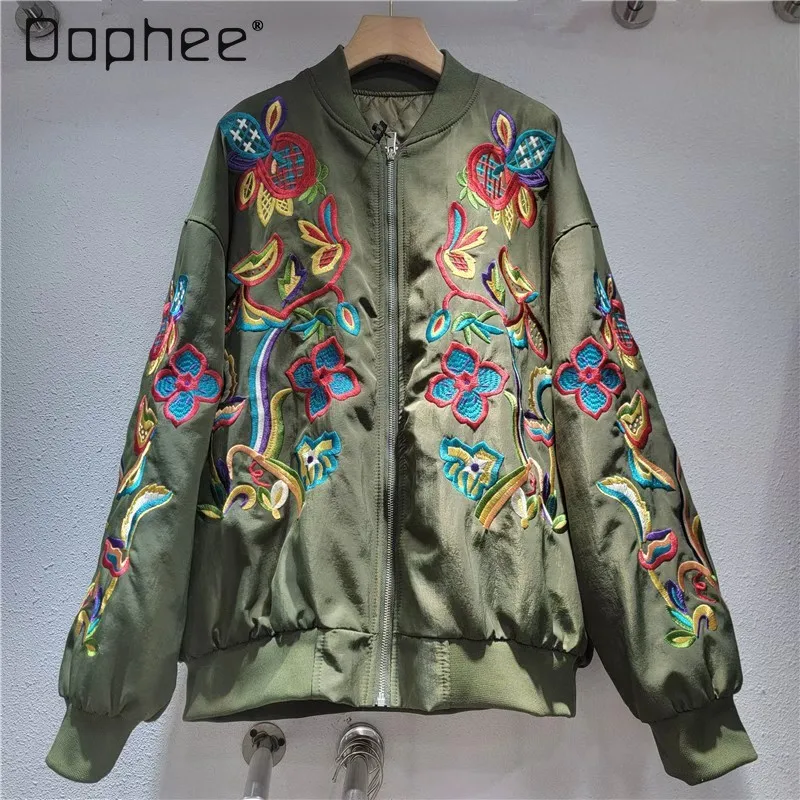 Vintage Embroidered Jacket Women 2025 Autumn New Fashion European Style Long Sleeve Zipper Casual Top Quilted Baseball Jacket