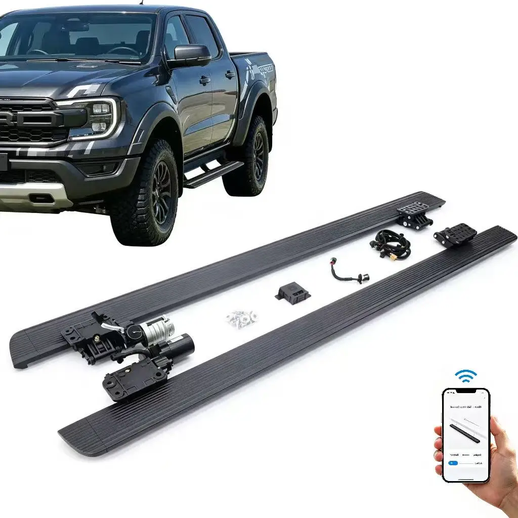 Electric Retractable Running Boards Side Steps for Ford Ranger Anti Pinch LED Light Aluminum Alloy Pickup Truck Modification