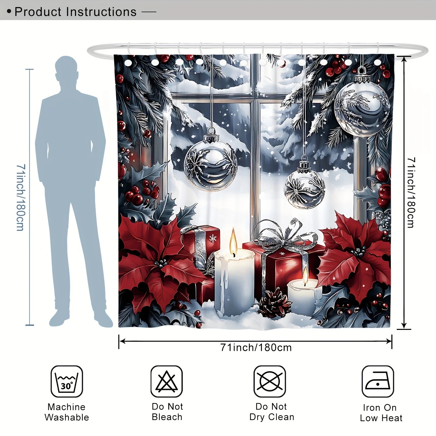 4Pcs Christmas Shower Set, Ball Ornaments Red Silver Leaf Winter Scene, 12 Hooks, Non-Slip Mat, U-Shaped Toilet Cover