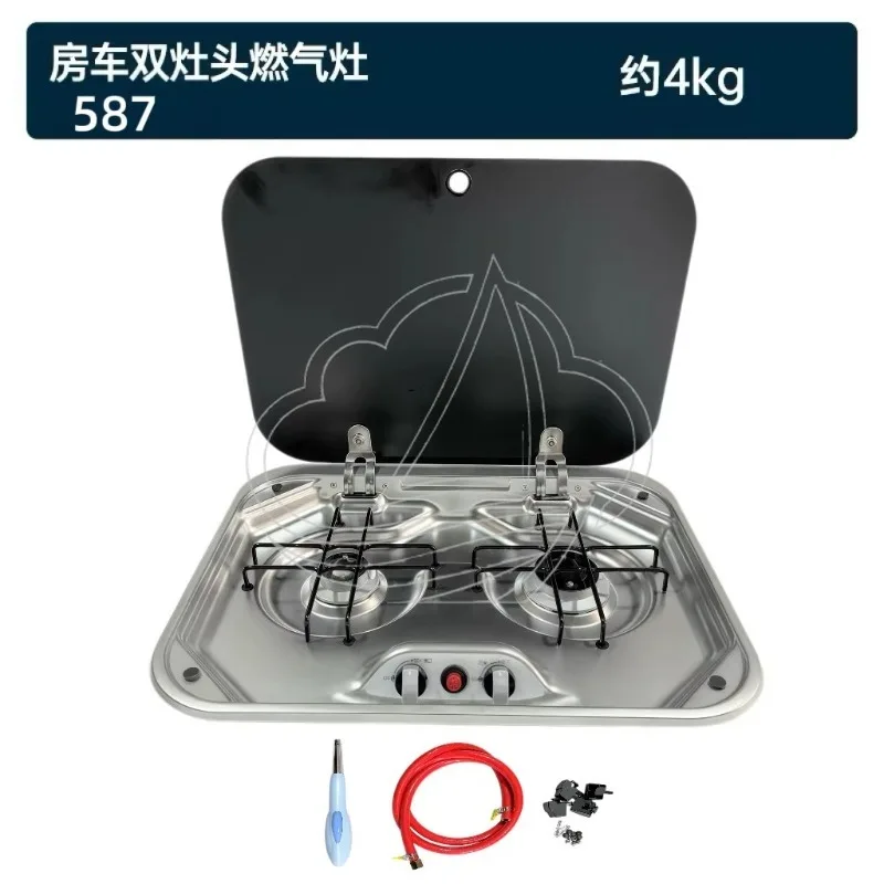 Camper RV 2 Burner Gas Stove Sink Combo with Tempered Glass Cover Stainless Steel for Trailer Motorhome