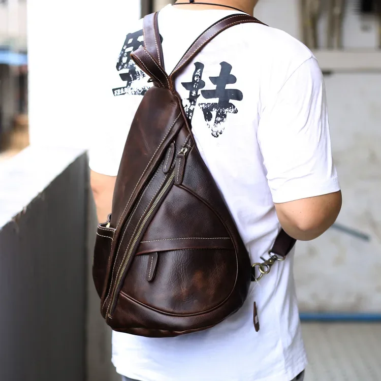 Leather Backpack Crazy Horse Leather Chest Crossbody Tote Vintage Head Layer Cowhide Men's Shoulder Bag