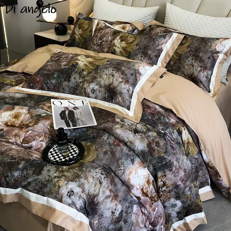 Egyptian Cotton Digital Printing Luxury Bedding Set, Flowers, Duvet Cover, Bed Sheet, Pillowcase, Queen, King #/L, 1000TC