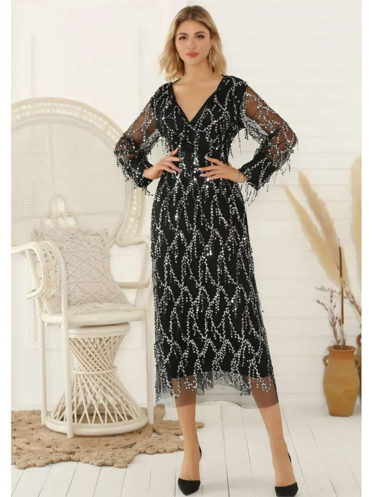 Vestido de noite feminino lantejoulas franja embelezado decote em v manga longa linha a plissado dupla camada cintura magra vestido halter