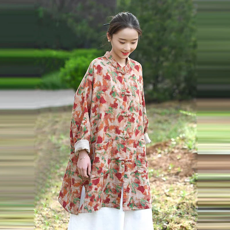 

Новое весеннее женское однобортное свободное длинное пальто в китайском стиле, хорошее качество, хлопково-льняные винтажные куртки с цветочным принтом JT28