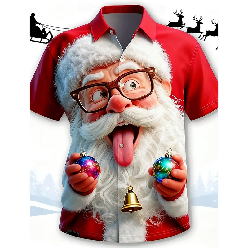 Kaos Natal Santa Claus Ekspresi Lucu untuk Pria, Kerah Pendek Lengan Merah, Hadiah Festival Natal, Atasan Pesta