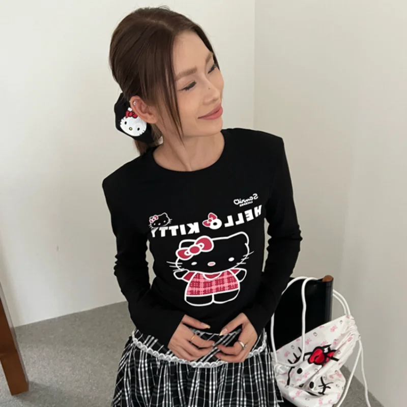 

Cartoon Sanrio Hello Kitty T-shirt Autumn New Bottom Shirt Crew Neck Cat Slim Women's Top Anime Peripheral Women's T-Shirt