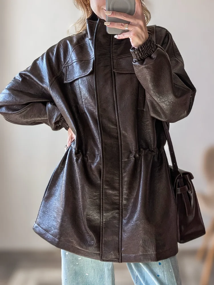 Giacca in pelle Pu autunno inverno per donna Cappotto in vita regolabile elastico a maniche lunghe solido 2025 Capispalla casual moda nuova signora