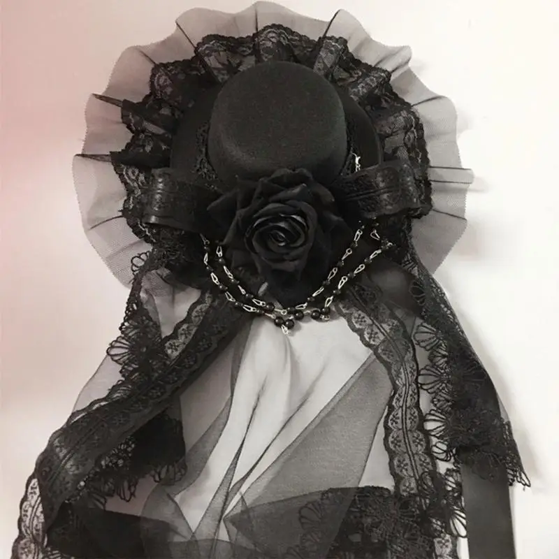 

652F Lace Bridal Veil Small Hat Black Veil Halloween Hair Accessories