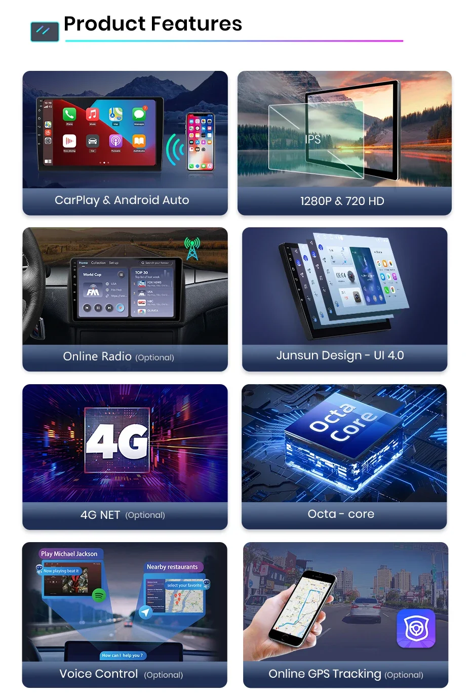 Junsun AI 4G LTE Drahtlose CarPlay Android Auto Auto Radio Für Peugeot 206 206CC 206SW 2001 2002 2003-2008 GPS Navi BT DSP RDS FM – Detail 2