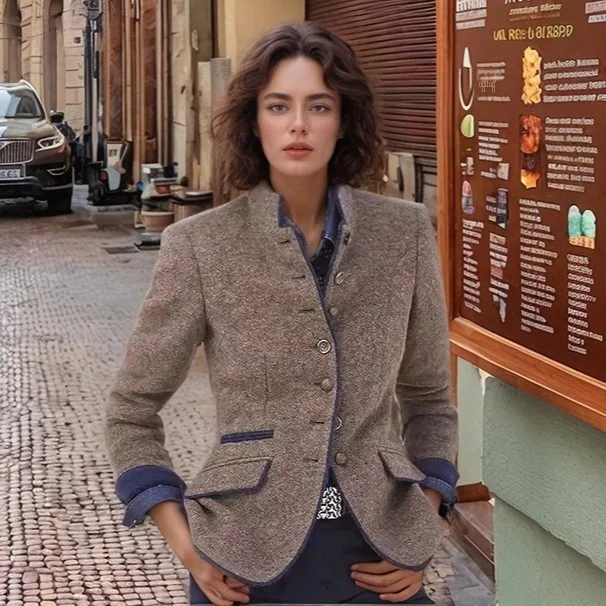 

Casual Plaid Woolen Coat for Women Spring New Sle Multi-Button Color Blo Ele Commuter Sle Long Sve Mid-Length