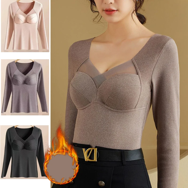 1pcs Women Autumn Winter Long-sleeved T-shirt Thermal Underwear Thick Top Plus Size Thermal Underwear With Chest Cushion