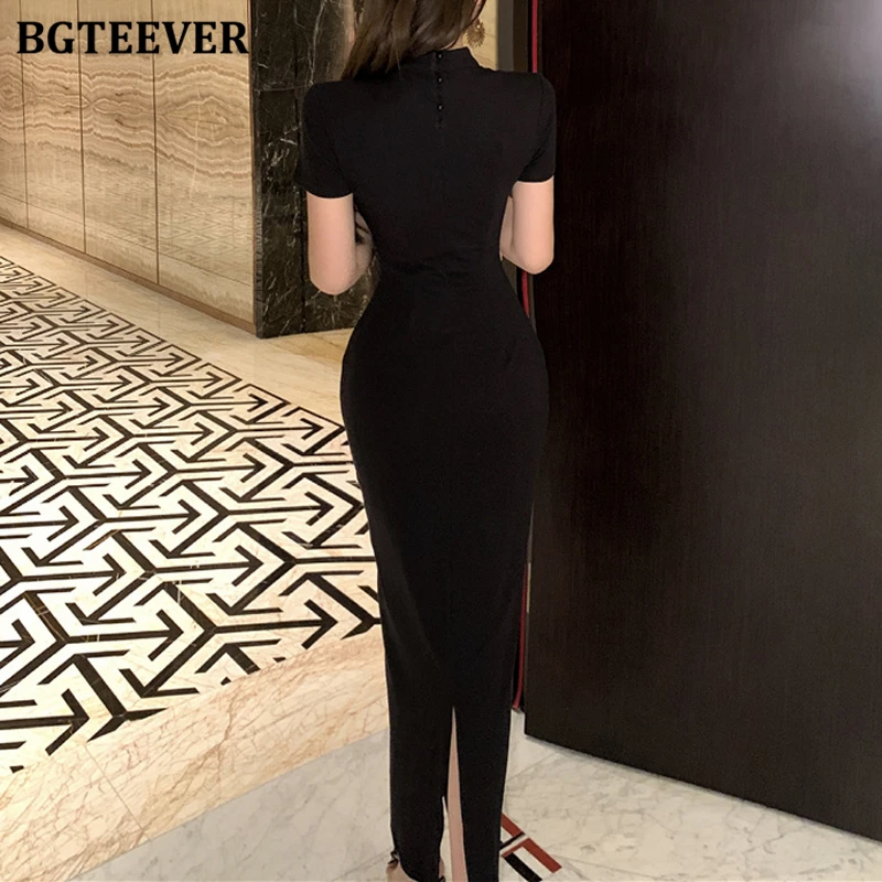 BGTEEVER Vintage Short Sleeve Butterfly Skinny Cheongsam Dress for Women Summer Elegant O-neck Slim Ladies Package Hip Dress