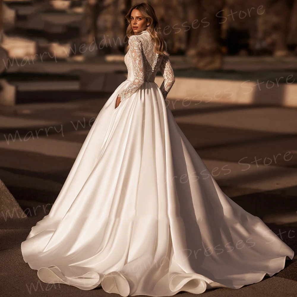 Modest Fascinating A-Line Women's Wedding Dresses Modern Lace Appliques Bride Gowns High Neck Long Sleeve Vestidos Novias Boda