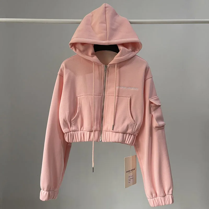 [YOZOU] Winter Autumn Cargo Warm Fleece Zip Up Hoodies Women Tracksuit Set Barbiecore Pink Cropped Top Jackets Coat with Pockets