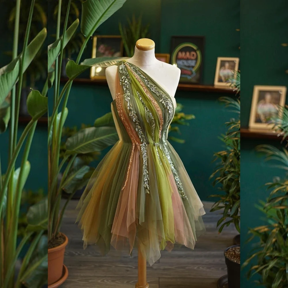 

One Shoulder Ombre Tulle Mini Dress with Sequins Asymmetrical Cocktail Party Gown for Wedding Guest Prom Festival Ever Pretty