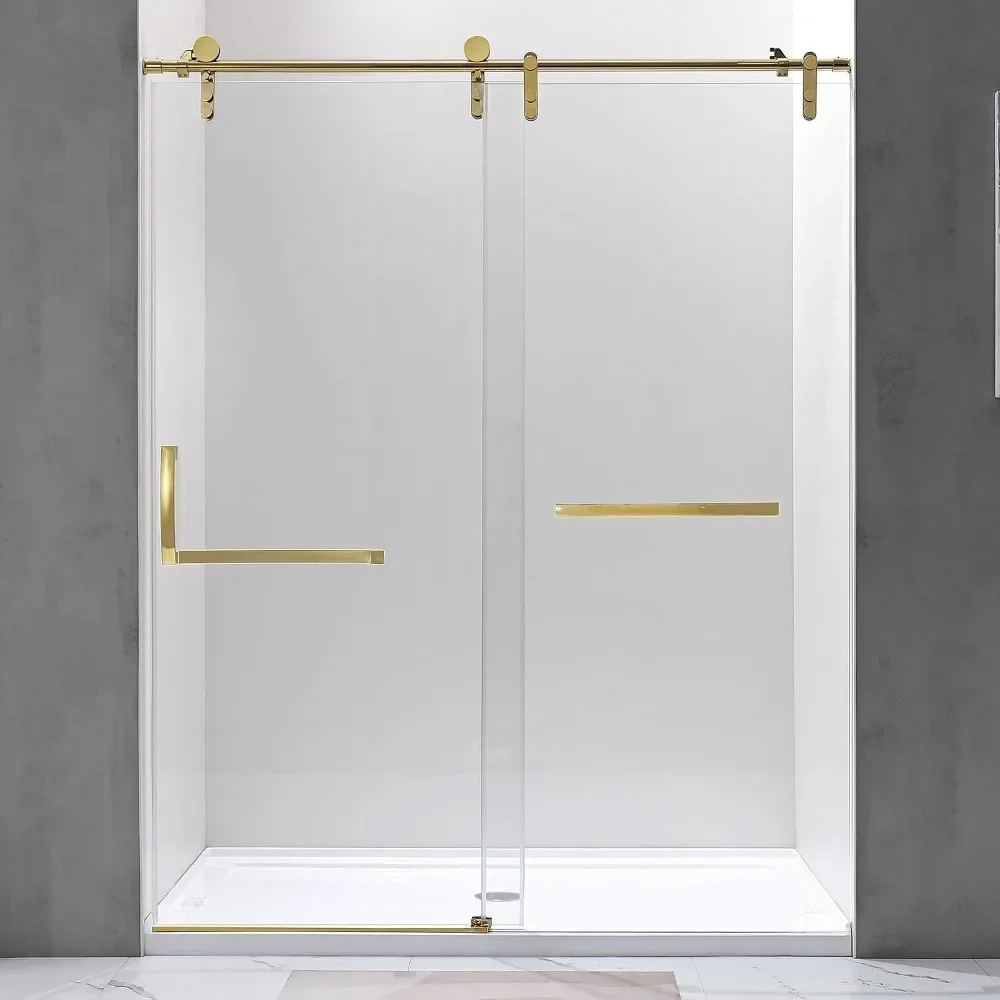 

Gold Frameless Sliding Shower Door with Additional Towel Bar, 56-60.in W x 75.in H Shower Glass Door (8mm) Clear Tempered Glass