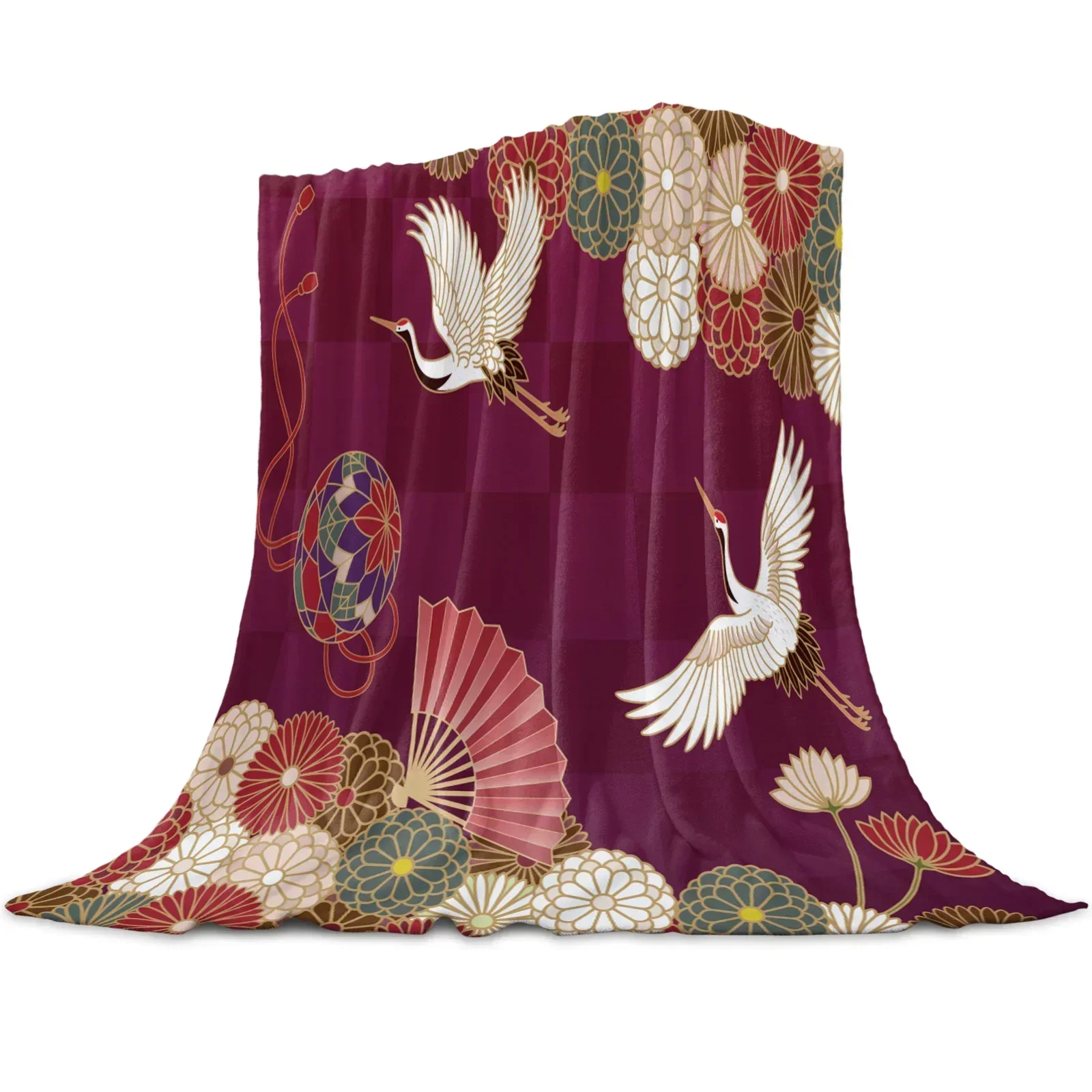 

Red Crane Flower Pattern Art Flannel Throw Blanket Home Bedroom Sofa Couch Bed Decor Super Soft Warm Lightweight Family Gifts