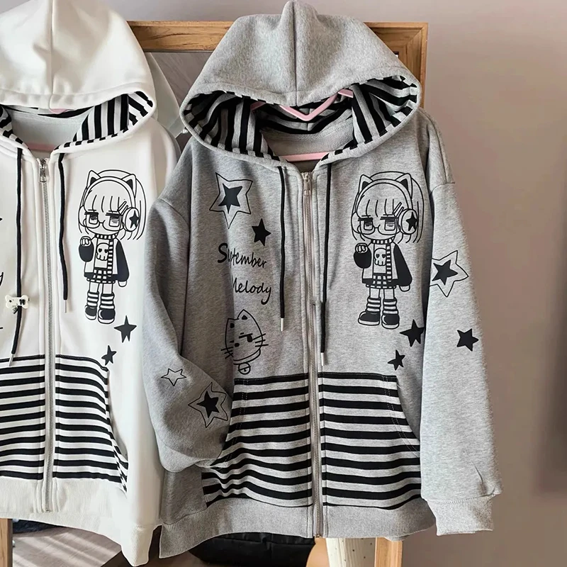 Sweat-shirt à capuche pour femmes, rayé japonais, imprimé de dessin animé Kawaii, sous-culture Y2K, ample, décontracté, fermeture éclair, manches longues, manteaux doux, automne