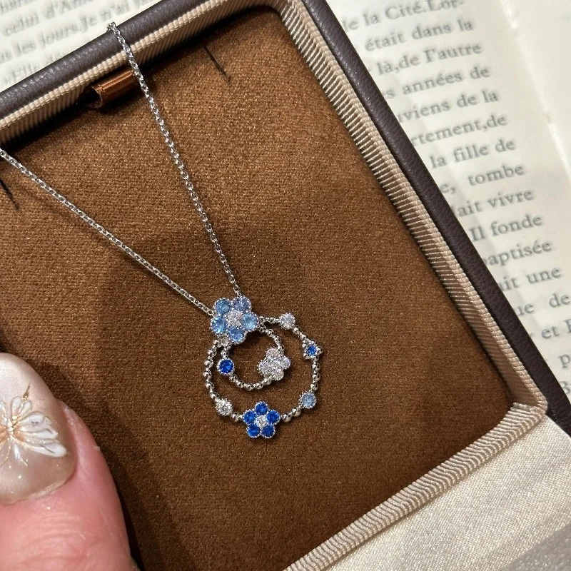

Korean Original Design Blue Crystal Flower Necklace Women Personality Stainless Steel Fashion Necklace Jewelry Accessories