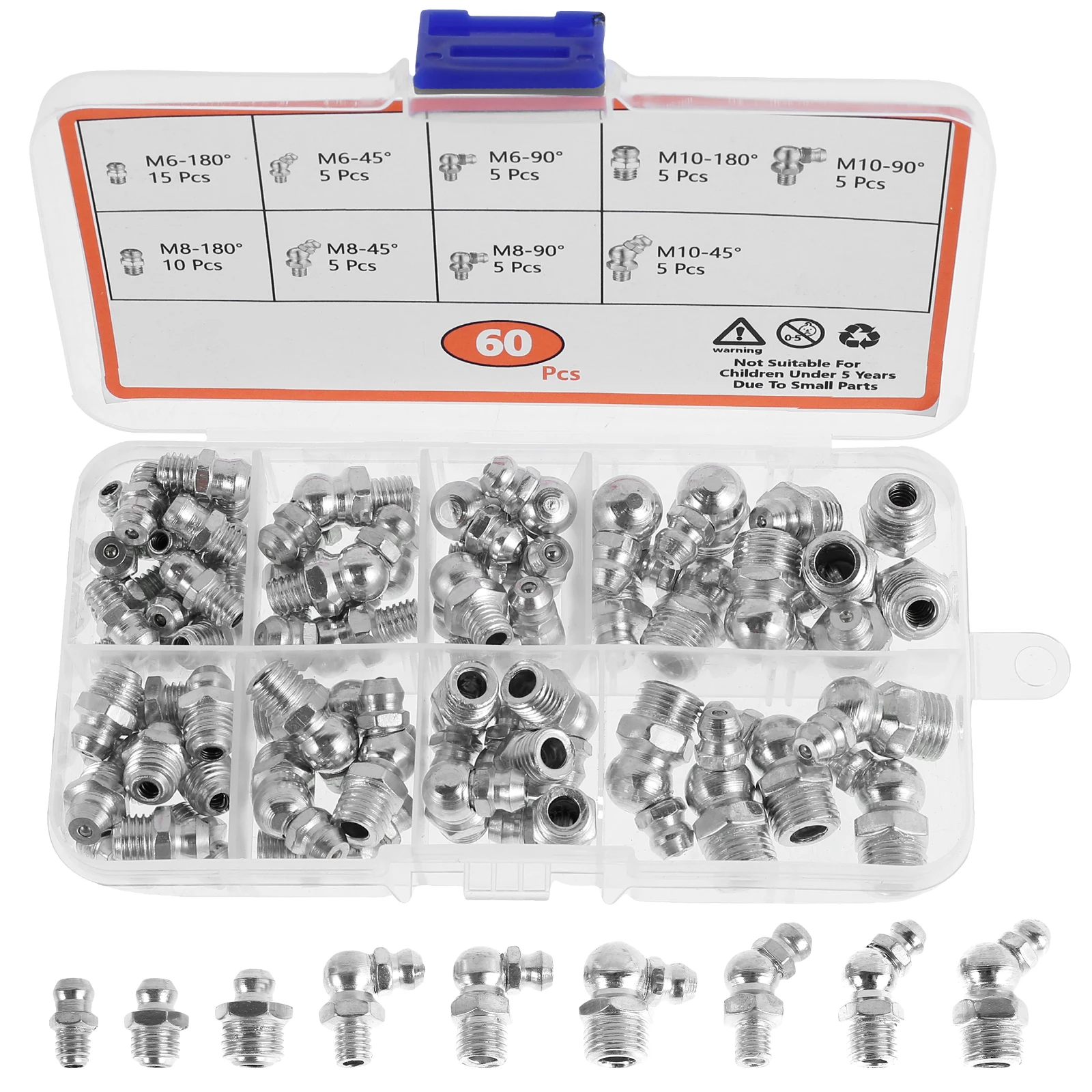 60Pcs Metric Grease Fitting Assortment Straight 45°/90°Angle Galvanized Metal Grease Nipple with Storage Box