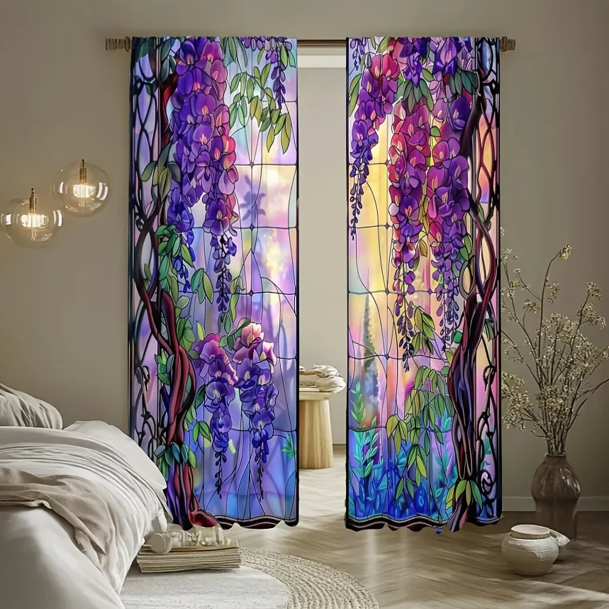 

2 шт. шторы с цветочным принтом глицинии, шторы для сумок на шесте 30*65, спальня и гостиная, украшение комнаты, украшение дома