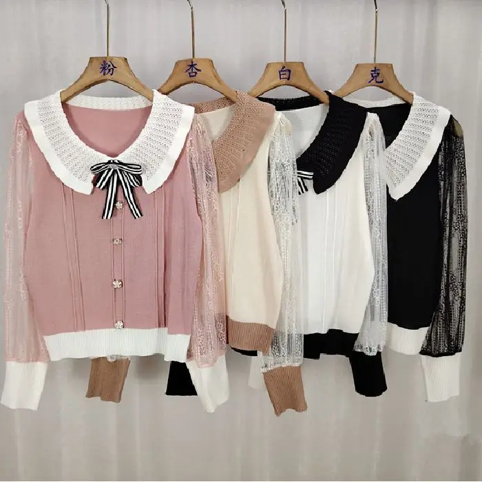 Atadura transfronteiriça fraance sle boneca colarinho nó emenda renda longa sve gelo fresco seda agulha camisola de malha