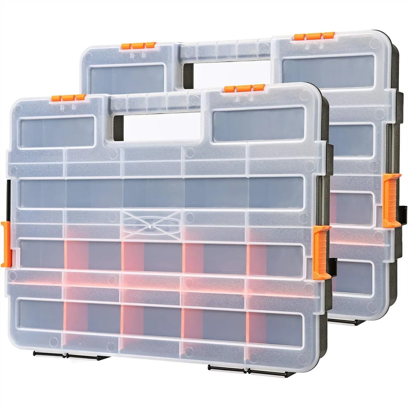 

Interlocking Small Parts Organizer, 2-Pack Tool Box with Removable Dividers, 15x11.6x2.6 Inch, Black & Orange, for Fasteners