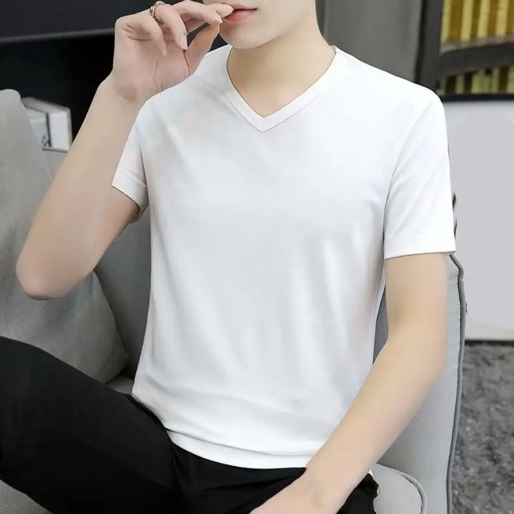 

New V-Neck T Shirts for Men Simple Large Size Short Sleeve T-shirt Loose Bottoming Shirt Basic T-shirt Male