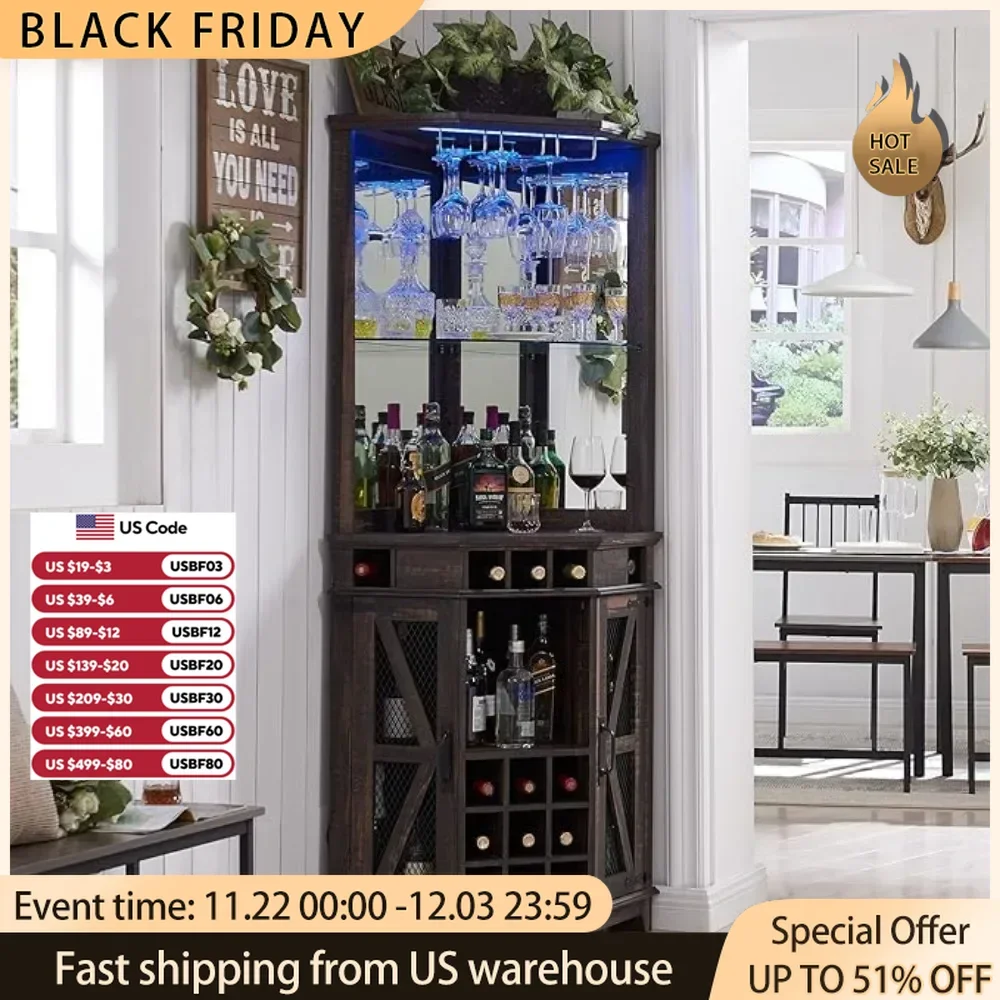 

Corner Bar Storage Cabinet,Farmhouse Wine Bar Cabinet，Home Bar LED Light & Glass Rack for Dining Room, Living Room, Kitchen