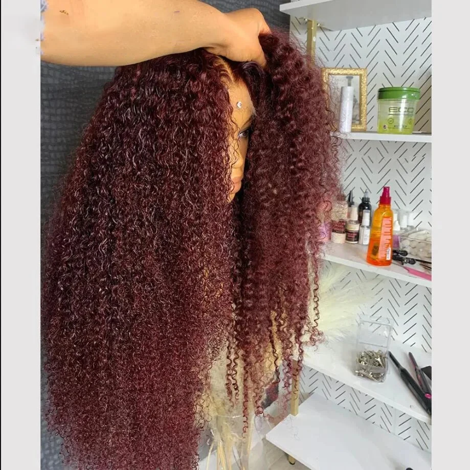 Kinky Curly Burgundy Wine Red Synthetic Hair Lace Front Wigs For Women Pre Plucked Cosplay Party  With Baby Hair Frontal Wigs