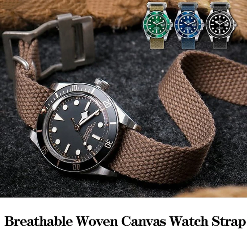 20mm 22mm Vintage Breathable Canvas Woven Watch Strap For Rolex Black Green Water Ghost Hamilton Seiko Tudor Braid Fabric Bands