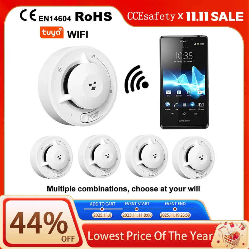 

Tuya Wifi Smart Smoke Detector Photoelectric Sensor Fire Alarm 85dB with AA Batteries Compatible with Tuya App for Home Security