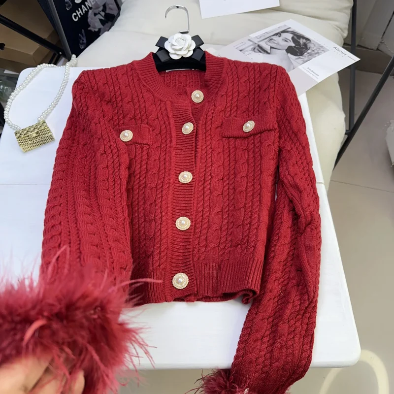 

High Quality Women Vintage Winter Thickened Red Hair Sleeve Knit Cardigan Sweater Top