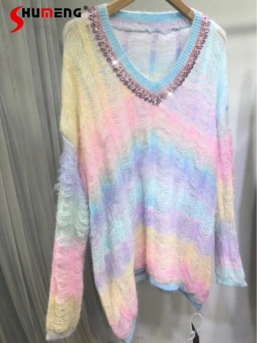 

Fashion Beaded Sweaters Women's Rainbow Striped V-neck Knitted Sweater Tops 2024 Autumn Winter Long-sleeve Pullover Knitwears