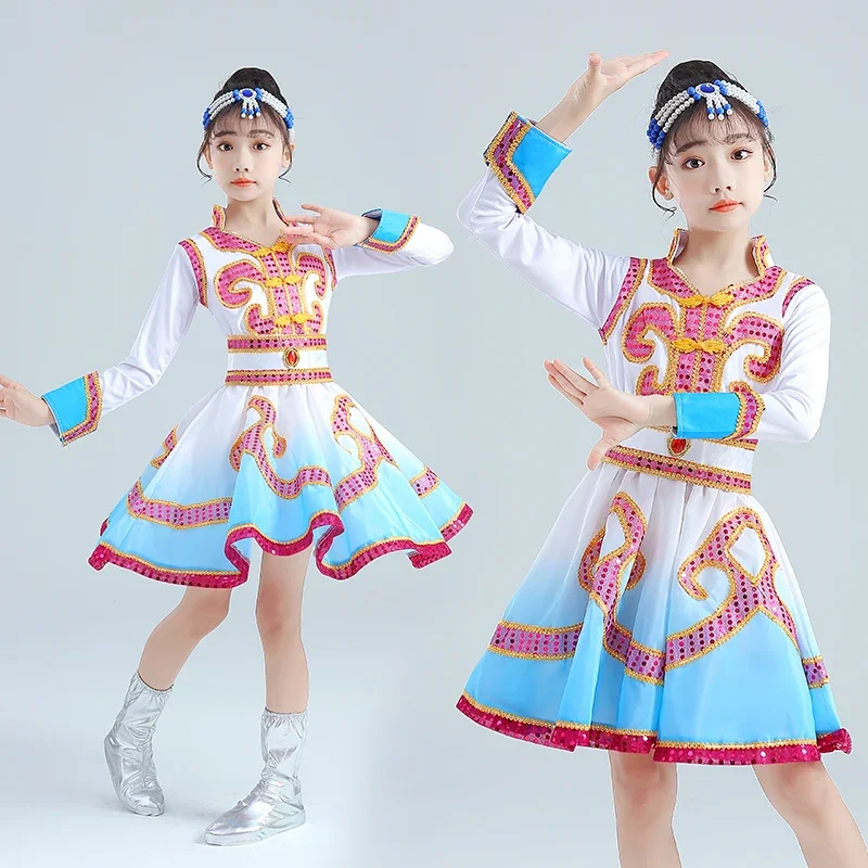 

Детская новая монгольская одежда, танцевальные костюмы и костюмы для выступлений для девочек, китайский танцевальный костюм, сценический наряд