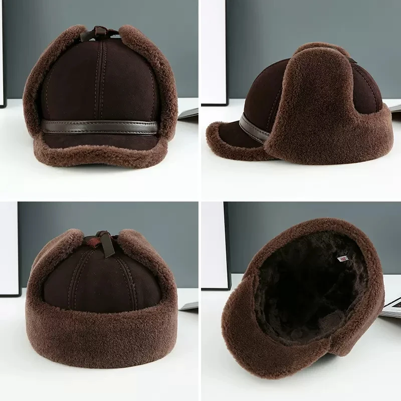 Real Fur Wool Hat Unisex New Winter Warm Bomber Russian Ushanka Hats With Ear Flaps Cow Leather Thick Snow Earflaps Baseball Cap