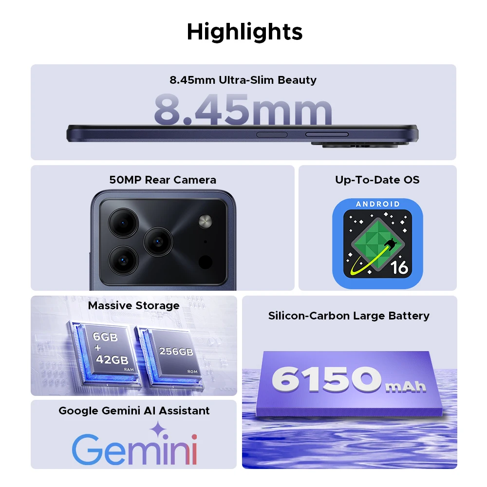 Global Version DOOGEE Note56 Plus Android 16 Smartphone 48GB+256GB 6150mAh Large Battery 6.56'' 90Hz Display 50MP Camera NFC