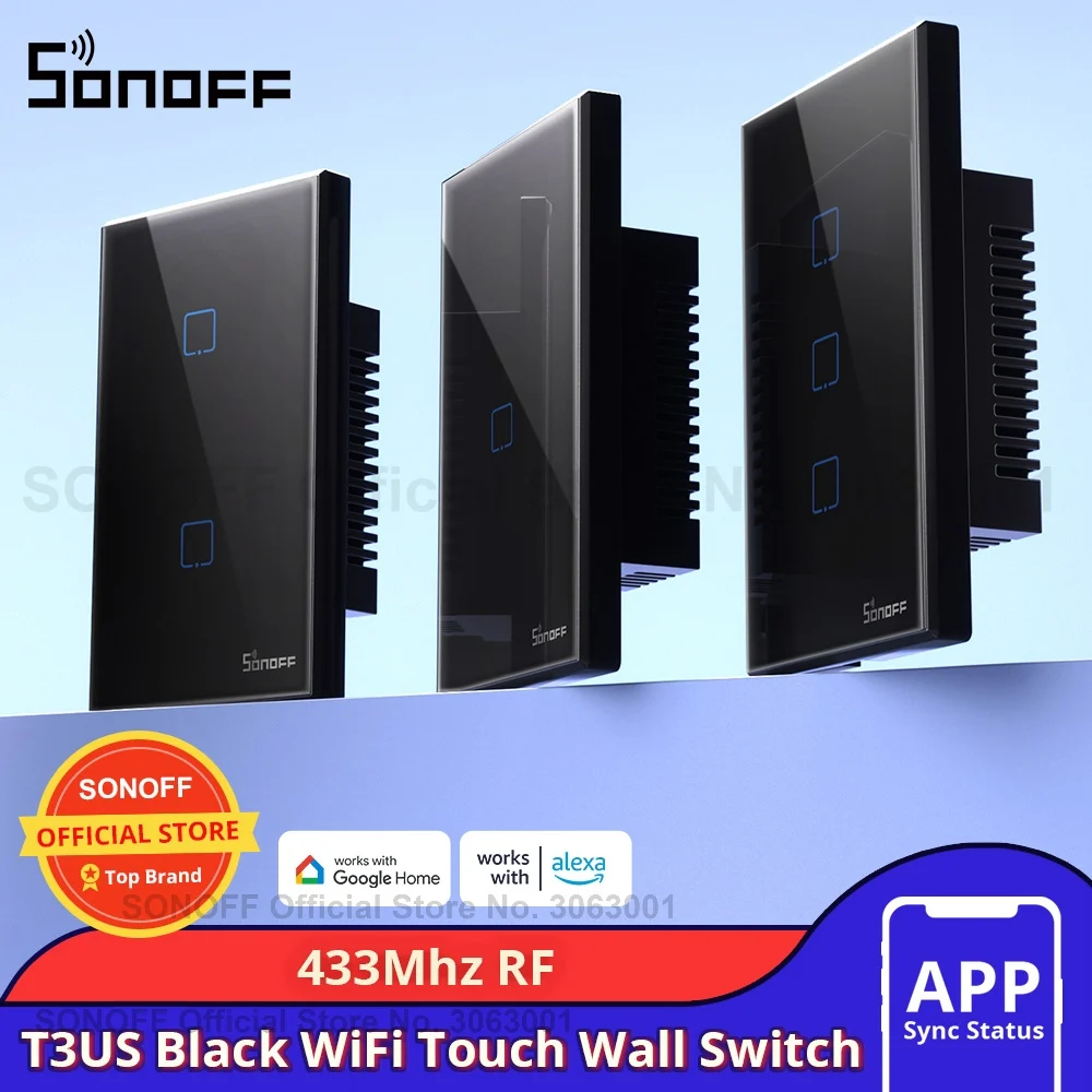 SONOFF T3 Smart Wifi Wall Light US Switch Black 120 Type With Border 1/2/3 Gang 433 RF/APP/Touch Control Works With Google Home