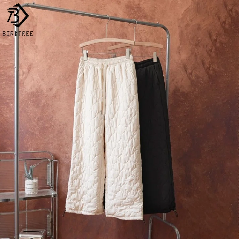Birdtree Filling 100%  Silk Long Warmth Pants,Women Elastic Waist Straight Trousers,2025 Autumn/Winter Pants P5O808JF