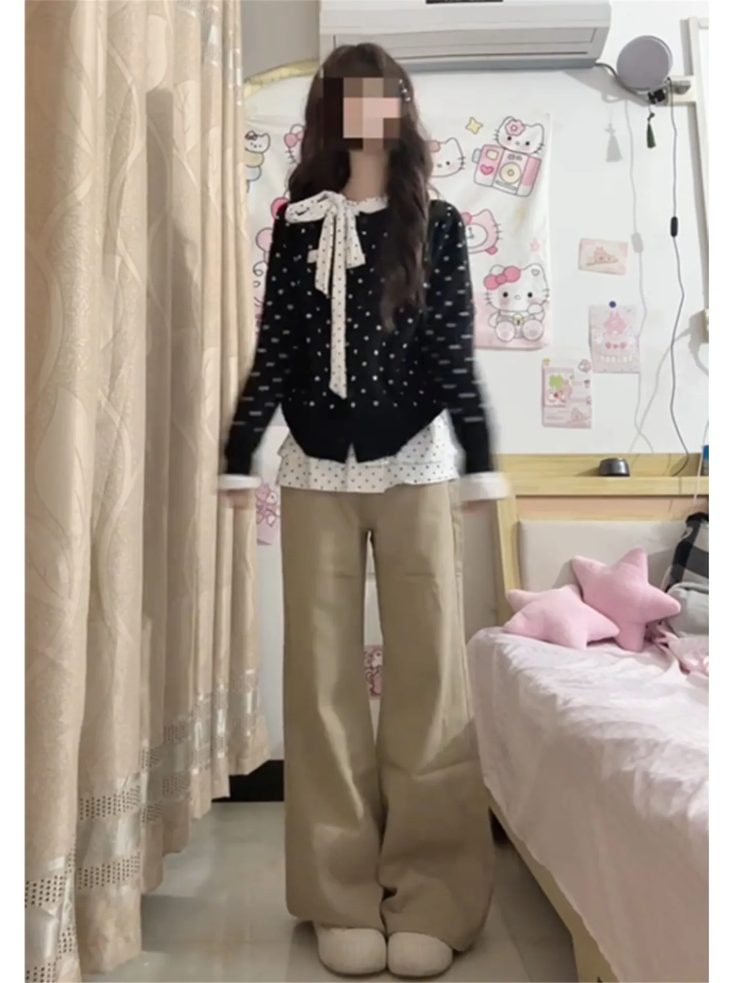 

Low Waist Flared Jeans Women's Loose Drapey Floor-Length Khaki Color Spring Summer Casual Cotton Denim Pants Vintage Style