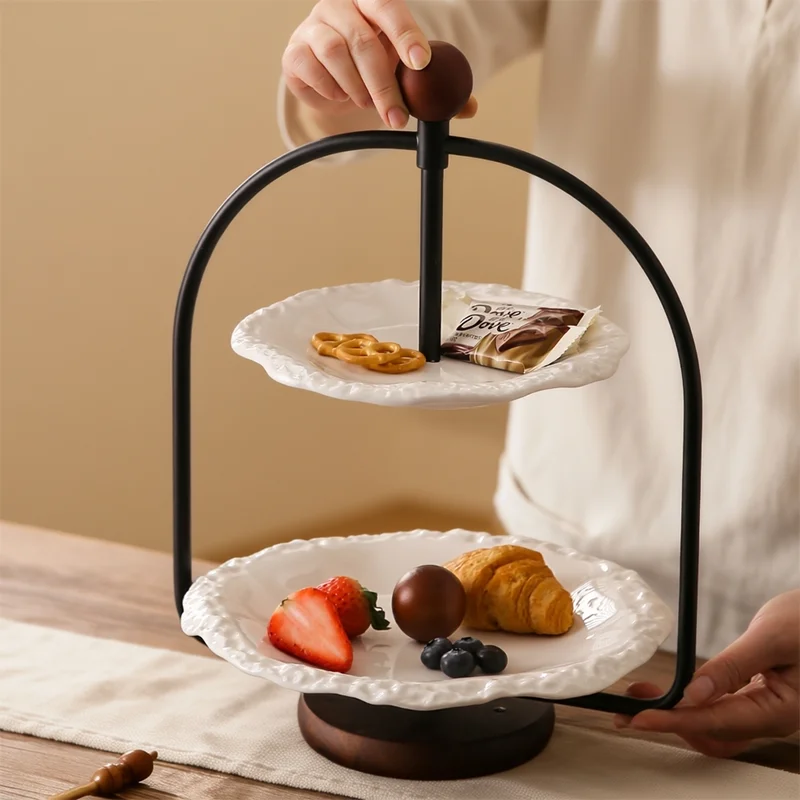 1Pc Double-Layer Ceramic Dessert Stand, White Pleated Edge Serving Plate with Black Metal Stand and Wooden Round Knob, Double-Layer Fruit, Pastry, and Cake Display Tray for Party and Afternoon Tea Table Decoration