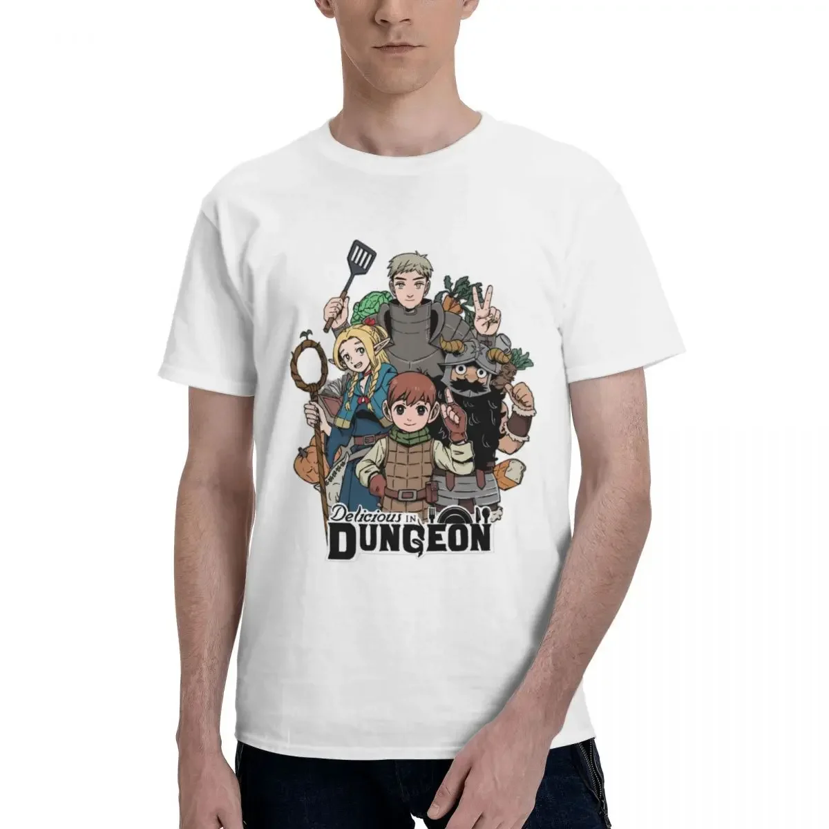 Camiseta gráfica japonesa de anime para homens e mulheres, deliciosa em masmorra, personagens meshi, tops de manga curta