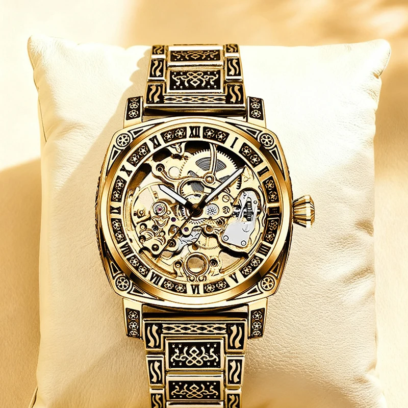 

A men's black and gold link luxurious vintage-style tourbillon mechanical watch