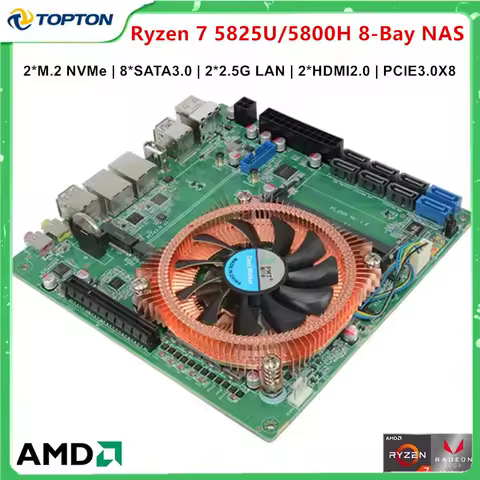 Topton AMD Ryzen 7 5825U 5800H 8-Bay NAS 2*2.5G LAN Firewall Mainboard 8*SATA 2*NVMe 2*DDR4 1*PCIE3.0 X8 Gaming ITX Motherboard