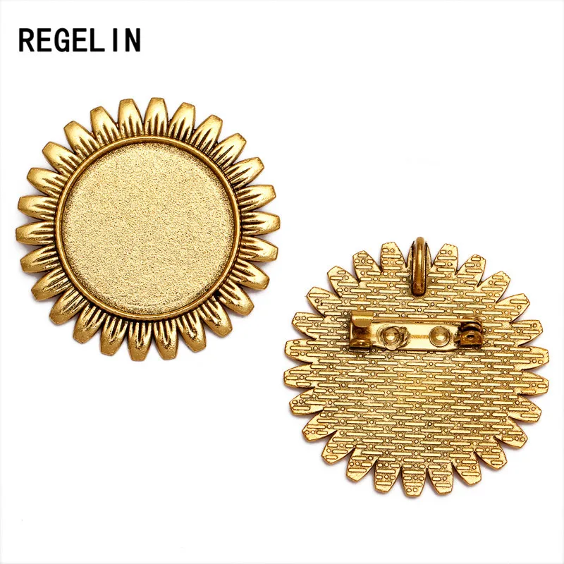 REGELIN New 5pcs/lot inner 25 mm Sun Flower Antique Gold/Antique Silver Brooch Base Fit Cabochon Tray DIY Jewelry Findings