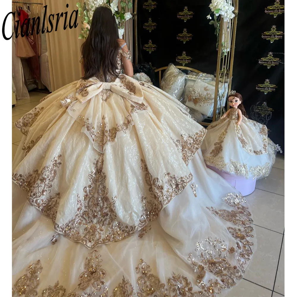 

Gold Lace Off The Shoulder Quinceanera Dresses Ball Gown Floral Appliques Lace Tull Corset For Sweet 15 Girls Party Dress