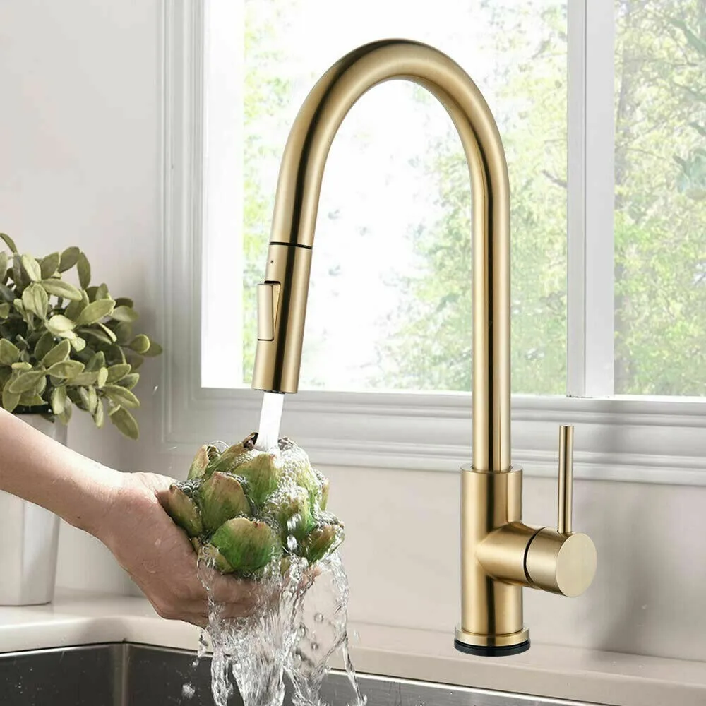 

Brushed Gold Kitchen Sink Faucet Pull Down Sprayer Single Handle Mixer Tap