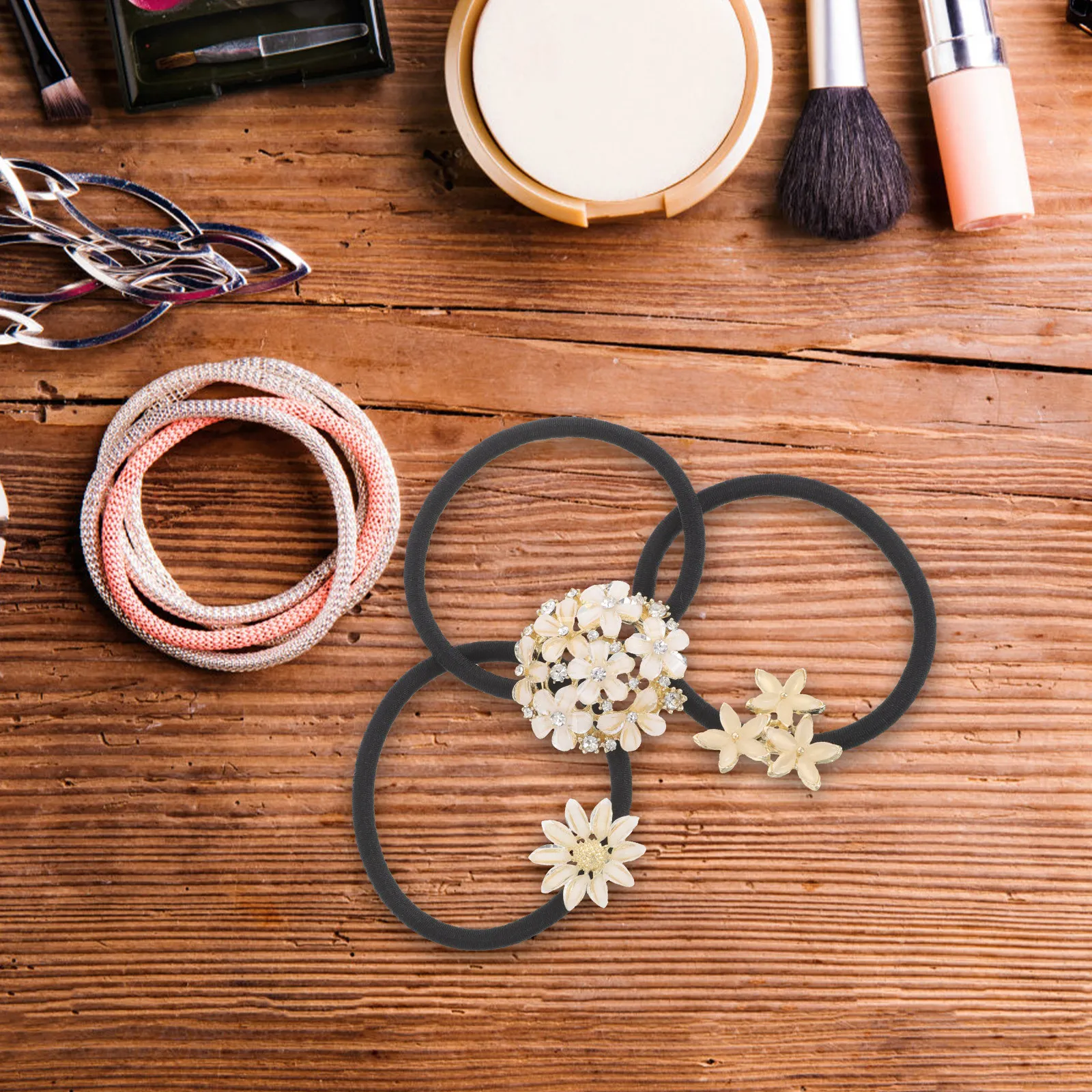 

3Pcs Flower Hair Tie Elegant Crystal Rhinestone Floral Elastic Hair Band Ponytail Holder for Daily Party Accessories