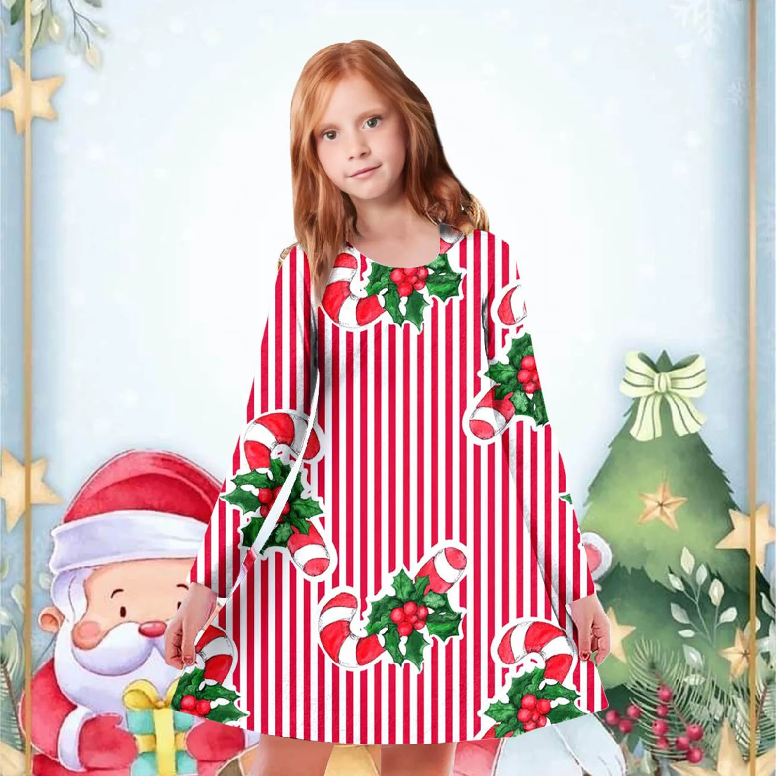 2024 Christmas Dress Kids Long Sleeve Full Printing Casual Elk Xmas Baby Girls Clothes Santa Claus New Year Party Dresses Outfit