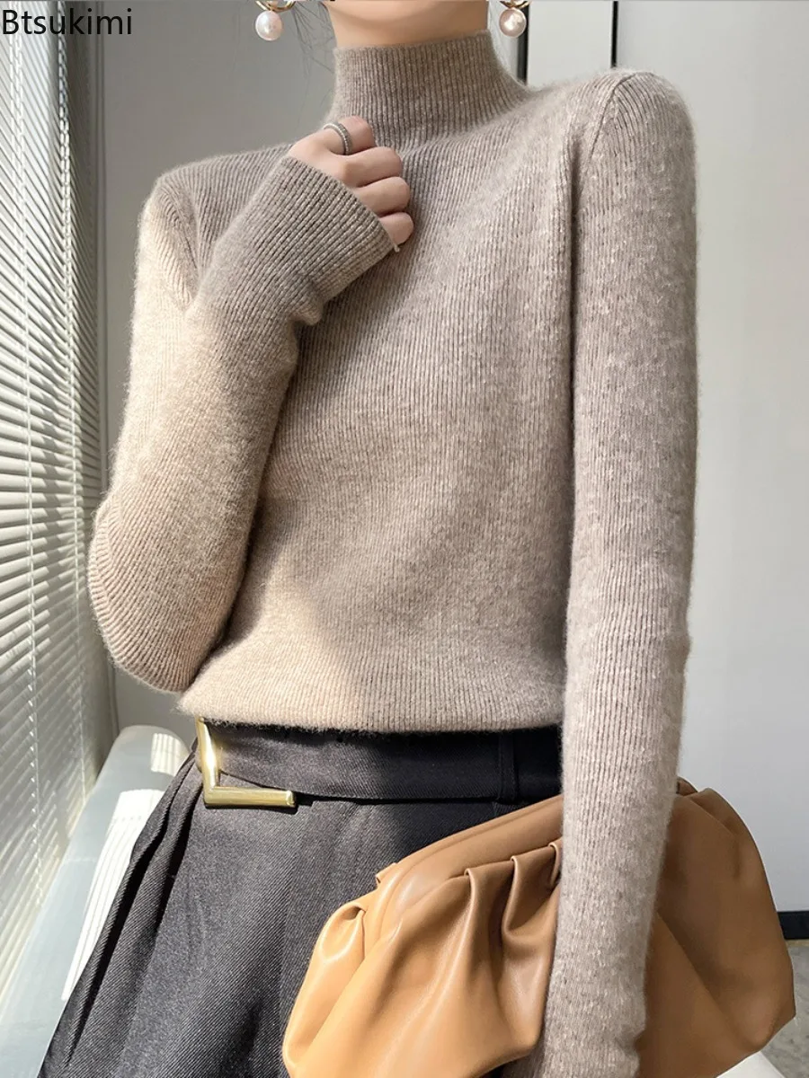 

2024 Autumn Winter Women's Mock Neck Long Sleeve Pullover Sweaters Solid Slim Knitted Bottoming Tops Women Elegant Warm Sweaters